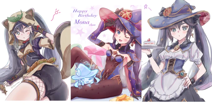 #原神 #モナ生誕祭2022 #Mona #GenshinImapct 去年描いてたモナちゃんもまとめました真ん中が誕生日で左が早柚モナ右がスイパラモナちゃん来年も振り返れるようにまた1年全力でがんばりたいです 