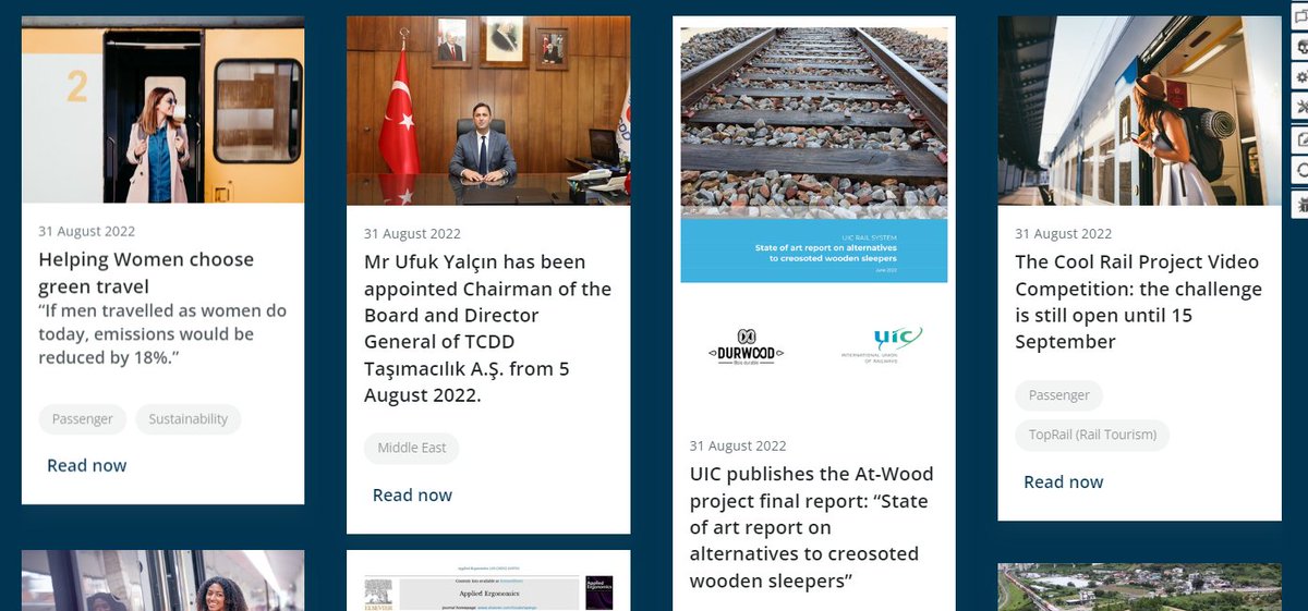 uic's tweet photo. [#rail News] Please find the latest UIC eNews articles at: https://t.co/VRno77Jzbl 
The most recent articles are helping women to choose green travel, the appointment of Mr Ufuk Yalçın as Chairman of the Board and DG of TCDD Taşımacılık A.Ş &amp; the At-Wood project final report. https://t.co/CHvuxHalkK