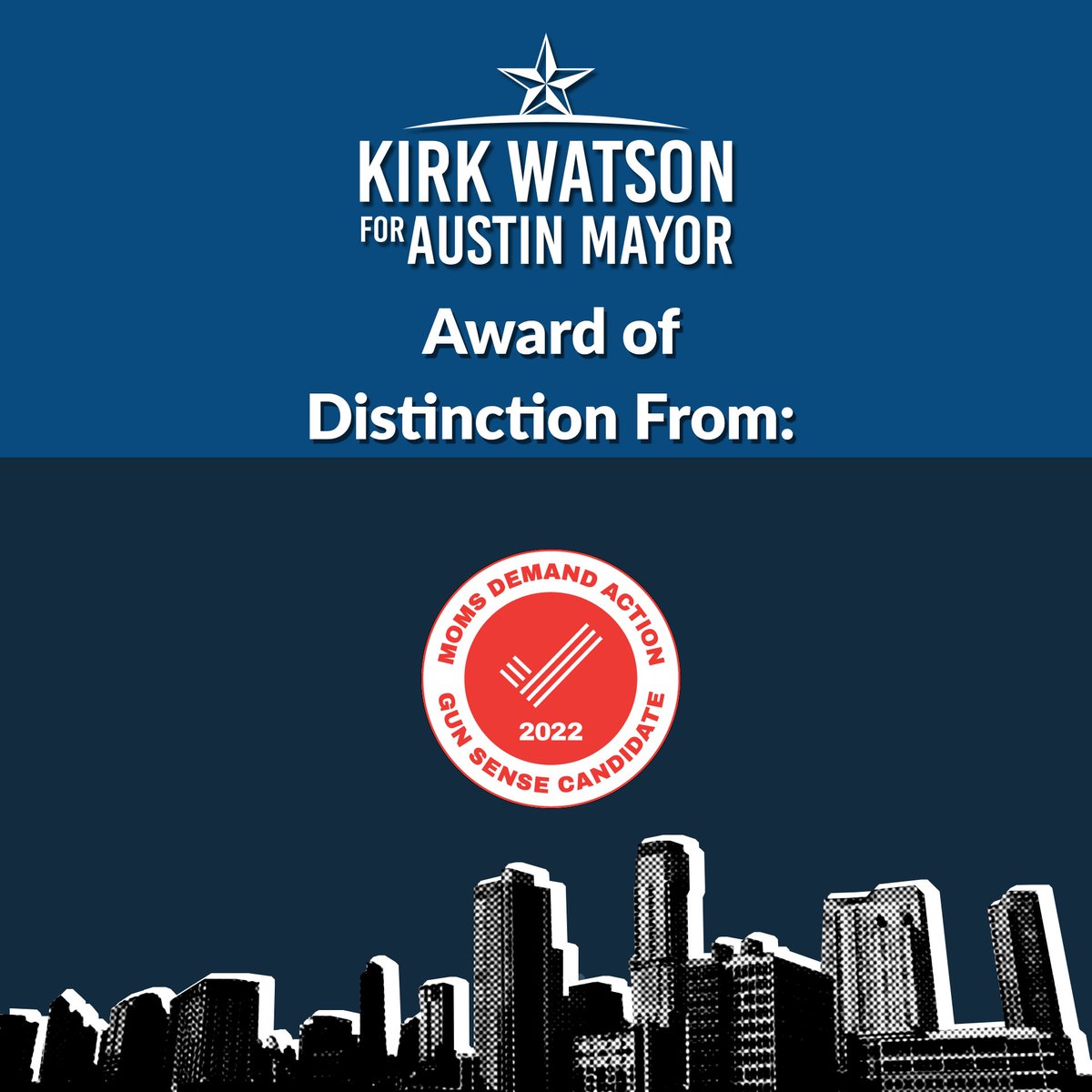 KirkPWatson's tweet photo. Big news! Our campaign has been awarded the 2022 @MomsDemand - TX Gun Sense Candidate distinction. This distinction recognizes that I've advocated for gun violence prevention and will govern with gun safety in mind. I’m honored to have this distinction. #gunsense https://t.co/5LRG27nflQ