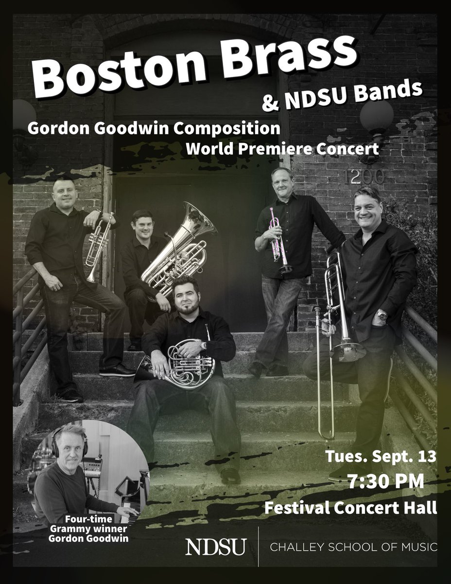 Watch the NDSU Jazz Ensemble, Wind Symphony and Boston Brass FREE in Festival Concert Hall Tuesday, Sept. 13, closing the performance with a world premiere piece by four-time Grammy winner Gordon Goodwin! 

Event: fb.me/e/23xf2R5gP

#NDSU | #ExperienceNDSU
