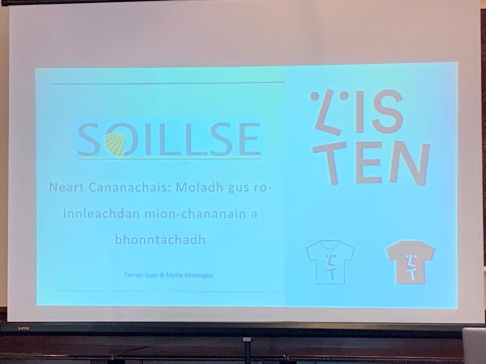 LISTENProject1's tweet photo. @FerranSuay presents the LISTEN Project and best practice in #linguisticassertiveness to the #SOILLSE2022 conference in Steòrnabhagh yesterday. @IAITH @CnaG @SI_UVEG @sepiegob @Afuk_ @EUROLANG @AccioCulturalPV https://t.co/pd0hNokLGz