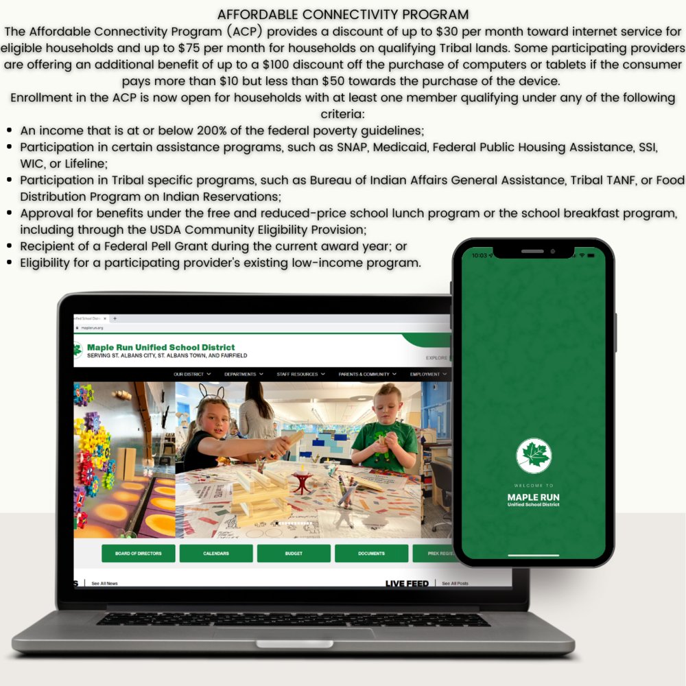 FairfieldSch_VT's tweet photo. The Affordable Connectivity Program provides up to a $30/month discount on broadband service and a $100 discount on a tablet or computer https://t.co/zUFHYgJi2j https://t.co/q9sLo3Keax