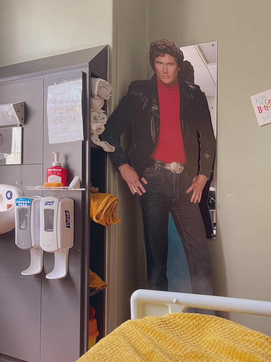 JustMissEmma's tweet photo. When you mention to your best mate that your feeling a little lonely being so far away, and he posts a David Hasselhoff life sized cut out direct to the ward to keep you company…. #LookingForFreedom https://t.co/yuJobMdnu5