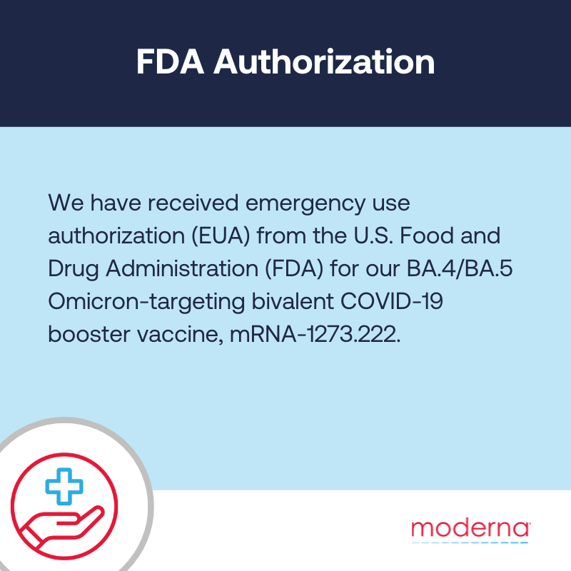 moderna_tx's tweet photo. ANNOUNCEMENT 📢: We have received emergency use authorization (EUA) from the U.S. Food and Drug Administration (FDA) for our BA.4/.5 #Omicron-targeting bivalent #COVID19 booster #vaccine, mRNA-1273.222. Learn more 👇🏽