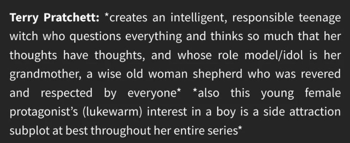 BrickMorpork's tweet photo. A fantastic post on Reddit today.

If there are any male fantasy writers out there who believe the existence of strong, multidimensional female characters is not possible in the genre, go read some @terryandrob!

#terrypratchett #discworld #literature #fantasy https://t.co/6oUOmuQlTT