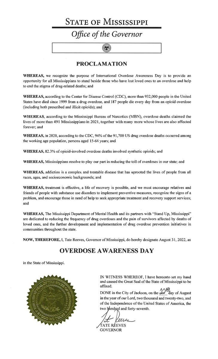 StandUp_MS's tweet photo. Governor @Tate Reeves signed a proclamation designating today, August 31st, as Overdose Awareness Day for Mississippi. Time to Remember. Time to Act. #InternationalOverdoseAwarenessDay https://t.co/KFPr2VlYnP