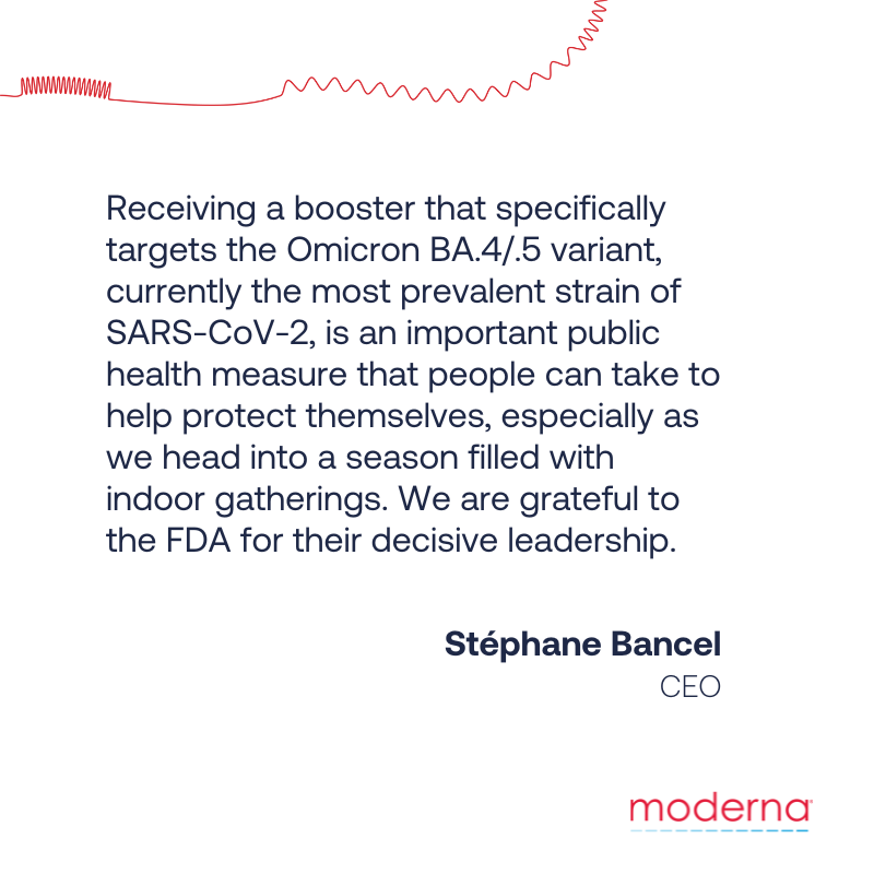 moderna_tx's tweet photo. ANNOUNCEMENT 📢: We have received emergency use authorization (EUA) from the U.S. Food and Drug Administration (FDA) for our BA.4/.5 #Omicron-targeting bivalent #COVID19 booster #vaccine, mRNA-1273.222. Learn more 👇🏽
