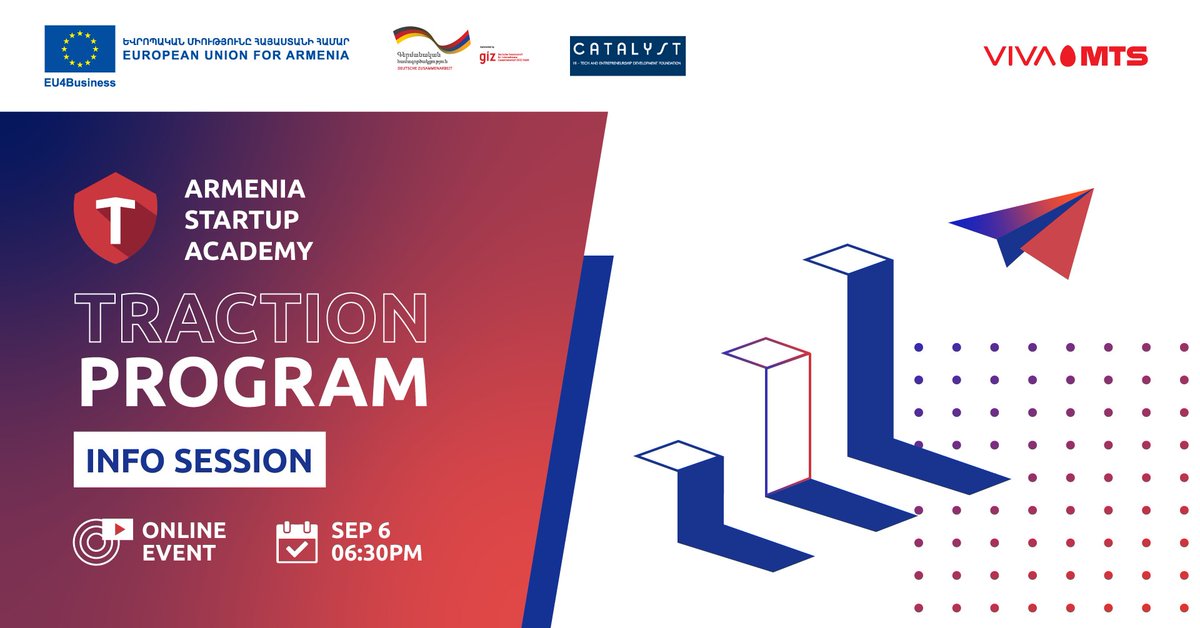 CatalystASA's tweet photo. Join the Traction programme Info Session on September 6 at 6PM GMT+4 (hosted on Zoom) to learn more about the programme.
Register for the Info Session: https://t.co/hFoMGsL7PA
Apply: https://t.co/0XOCLpGaWI
#StartupAcademy #ASATraction #EU4Business #TechDevelopment #ITTD #VivaMTS https://t.co/fttuL6RLwj