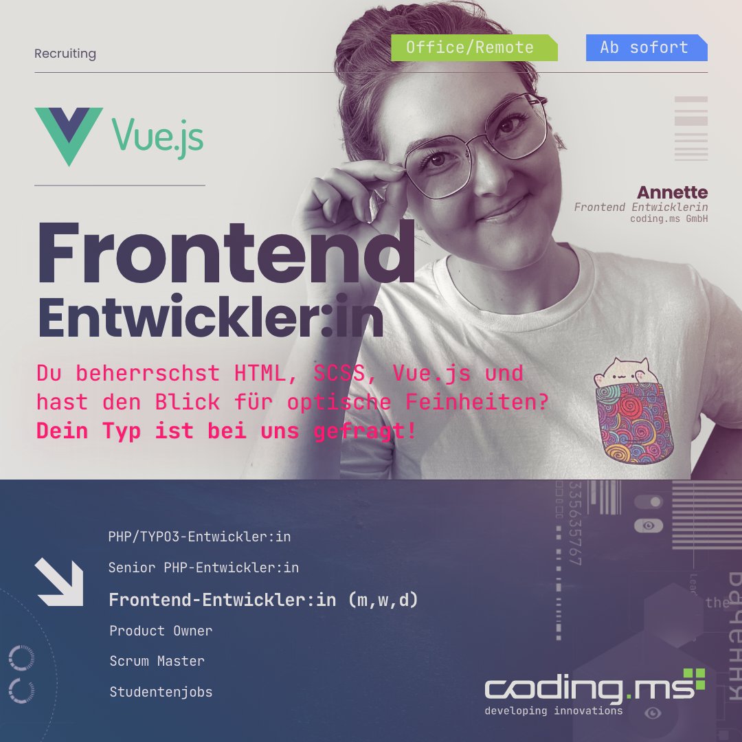 codingms's tweet image. 𝗪𝗶𝗿 𝘀𝘂𝗰𝗵𝗲𝗻 𝗙𝗿𝗼𝗻𝘁𝗲𝗻𝗱-𝗘𝗻𝘁𝘄𝗶𝗰𝗸𝗹𝗲𝗿:𝗶𝗻 (𝗺,𝘄,𝗱)
Du beherrschst HTML, SCSS, Vue.js und hast den Blick für die optischen Feinheiten? 
👉 coding.ms/de/job/fronten…
#codingms #innomago #frontend #coding #javaskript #vuejs