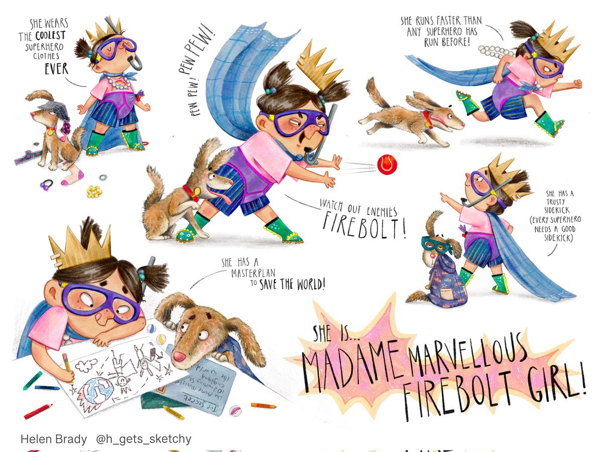 Is it a bird, is it a plane? NO, it's Madame Marvellous Firebolt Girl!
#characterdesign #superherodesign #childrenspicturebooks #kidlit #kidlitillo #childrensbookillustration #kidlitart #picturebookillustration #superherocharacter #diycostume #kidlitart