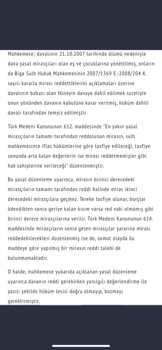 AvTarikCilekci's tweet photo. Mirasın 1. derecedeki mirasçıların tamamı tarafından reddi halinde miras 2. derecedeki mirasçılara geçmez.Tereke tasfiye olunur borçları ödendikten sonra geriye kalan kısım,  red vaki olmamış gibi birinci derece mirasçılara verilir

Yargıtay 3. H.D

2010/ 15137 E
2010/ 20977 K https://t.co/FrFGWojMJI