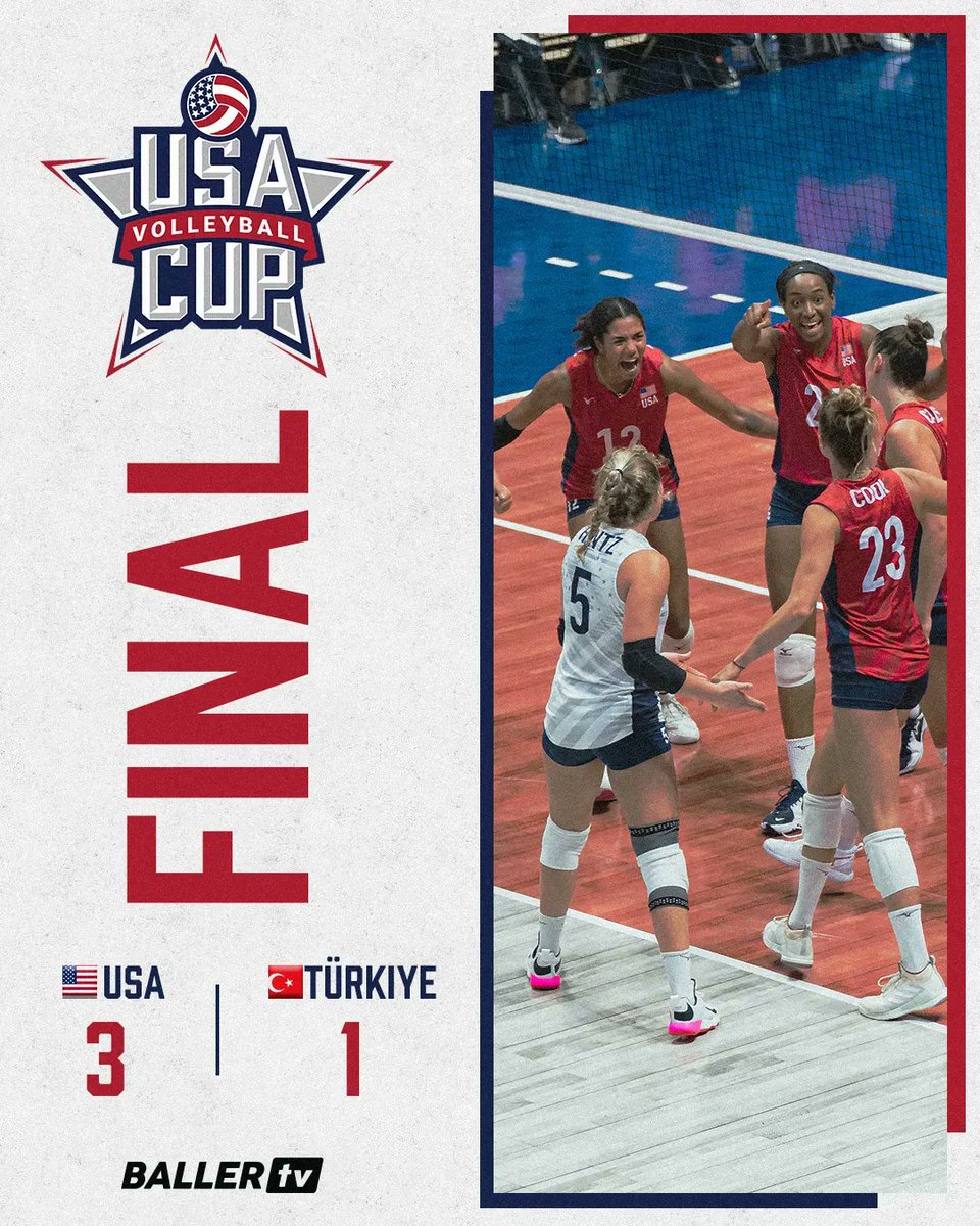 ballertvvb's tweet photo. 🇺🇸 In the final match of the #usavcup the U.S. Women's National Team defeated Türkiye 🇹🇷 3-1 (25-20, 25-18, 22-25, 25-22 ) to sweep the trio of friendly matches! @ballertvvb https://t.co/6Ey47kQk35