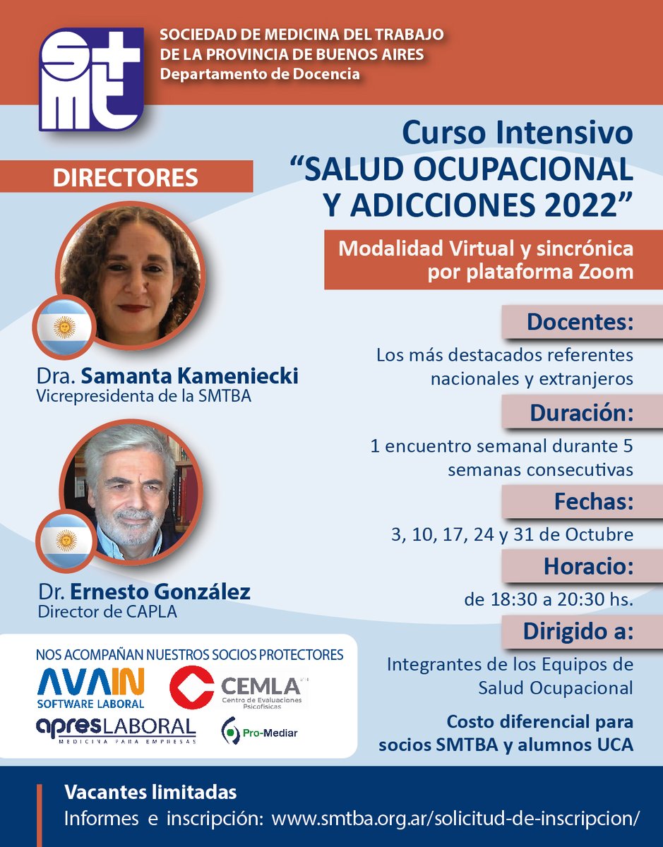 [NOVEDADES SMTBA] ¡Nueva actividad formativa!

Informamos a la comunidad científica de la Salud Ocupacional del Curso Intensivo "Salud Ocupacional y Adicciones 2022".

Consultas: secretaria@smtba.org.ar

Inscripciones: smtba.org.ar/solicitud-de-i…

¡Te esperamos!