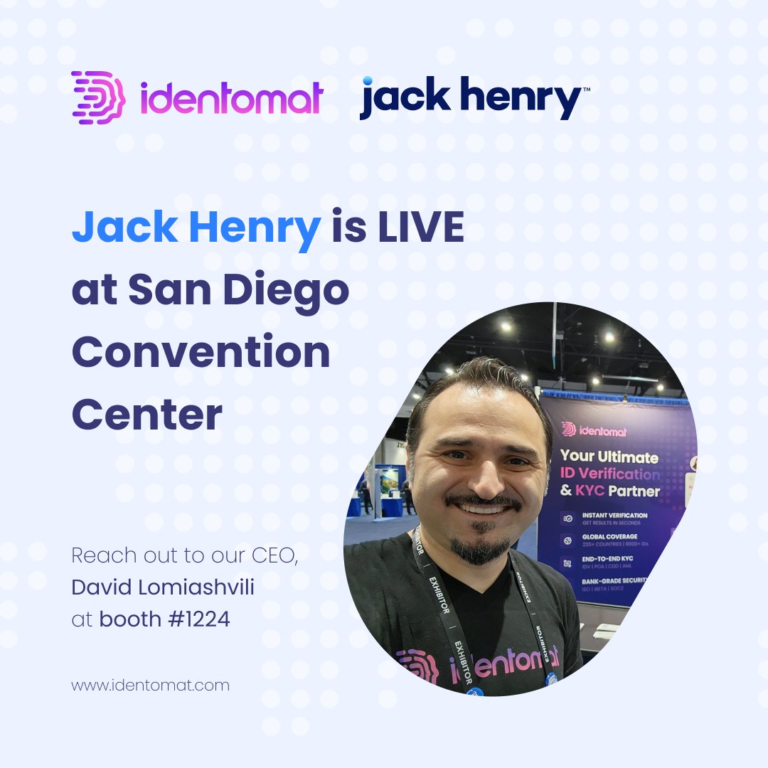 identomat's tweet photo. Jack Henry Connect is happening right now! 🚀

Reach out to our CEO, David Lomiashvili at booth #1224, and dive into the details of how Identomat is producing banking-grade KYC and ID verification services for your business. https://t.co/o12H3Vlh1C