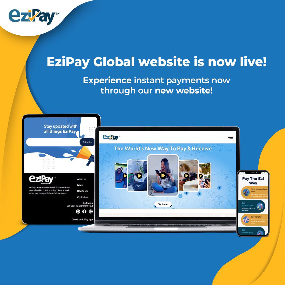 EzipayC's tweet photo. Ready to change the way you pay and receive?

EziPay Global website is now live!

Visit https://t.co/d7vxCUJROU to experience endless possibilities from one app. 

Download on iOS, Google PlayStore or use the web app. 

#finance #transaction #digitalwallet #EziPay #mobilemoney https://t.co/9d33q79Msk