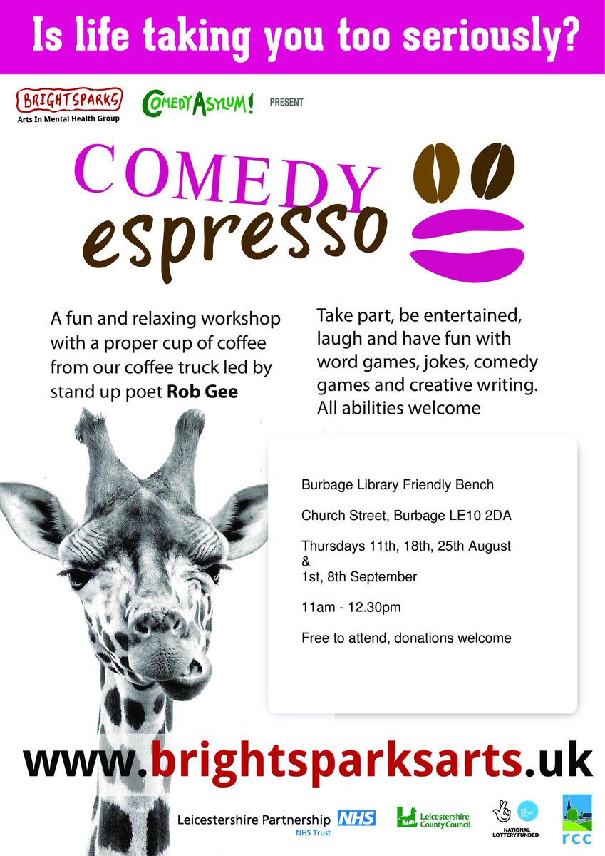 YourRCC's tweet photo. Ready to unleash the laughter? Join as @bclibrary1 @Friendly_Bench in the morning between 11am - 12:30 for a free hot drink and a giggle. Just two sessions left in Burbage before we take Comedy Espresso back to Newbold Verdon Library #ComedyEspresso #ThursdayChuckles #TwoChimps https://t.co/xkLfCOrlS5