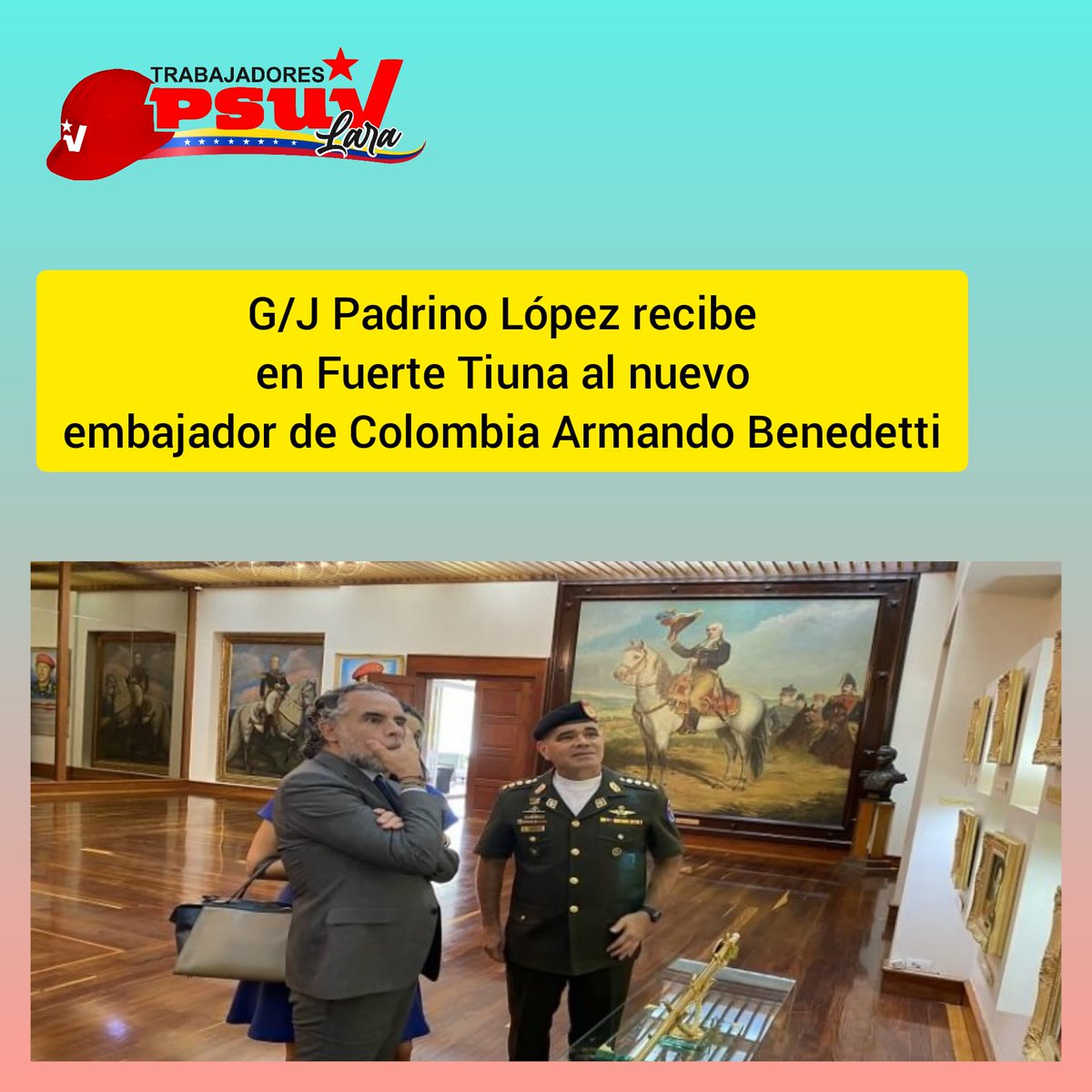 Noti Trabajadores PSUV Lara. #31Agosto

*General en Jefe Vladimir Padrino López recibe en Fuerte Tiuna al nuevo embajador de Colombia Armando Benedetti.

*Presidente Nicolás Maduro afirma que el crecimiento de Venezuela nadie lo detendrá.

#NuevaEraBinacional <a href="/PartidoPSUV/">PSUV</a>