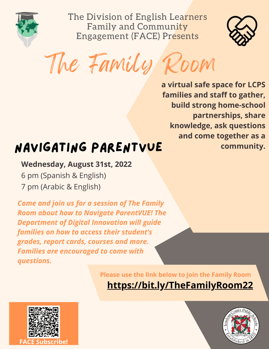 LCPS_FACE's tweet photo. Tonight is the night! The Family Room is back! Join 
@LCPS_FACE &amp; @LCPSELLProgram
for our FIRST session of the 22-23 school year! 
Navigating ParentVUE will be available in Spanish and English at 6 pm and Arabic English at 7 pm on August 31st. 
See you then! https://t.co/uWzwbWuZR9