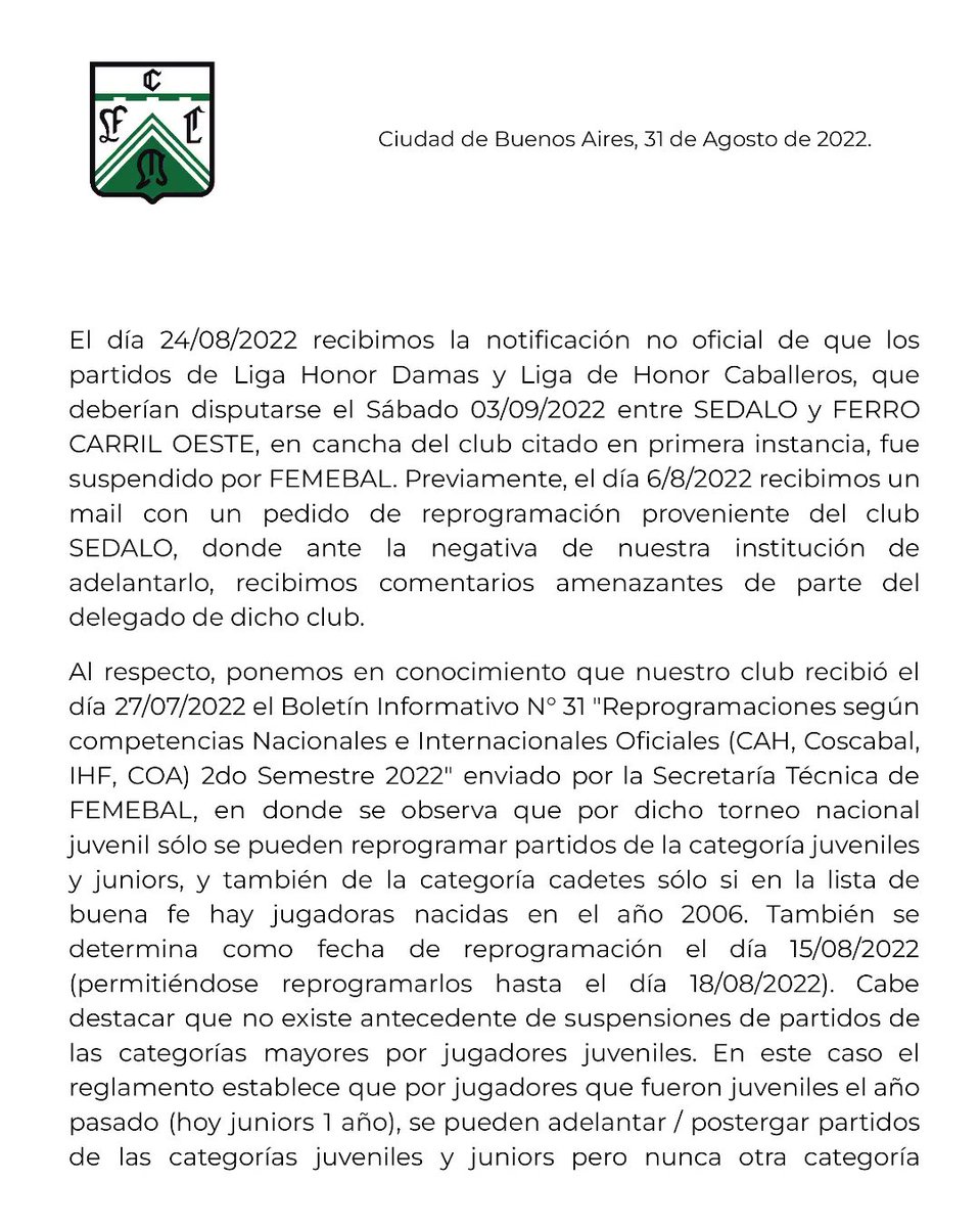 FCOhandball's tweet photo. Comunicado oficial firmado por
DANIEL PANDOLFI - PRESIDENTE DEL CLUB FERRO CARRIL OESTE
JUGADORES Y JUGADORAS DE LA LIGA DE HONOR
CUERPOS TÉCNICOS DE LA LIGA DE HONOR
SUBCOMISIÓN DIRECTIVA DE HANDBALL 

-
#fcohandball
@ferrooficial
@deportesferro https://t.co/ZjVFN3u8VS