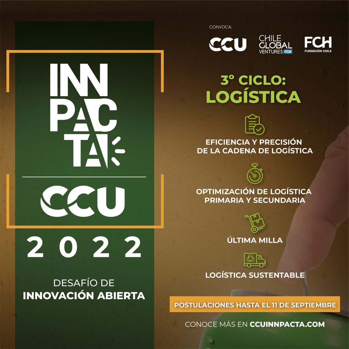 CG_Ventures's tweet photo. 3er ciclo de #INNPACTA ¡Ya está aquí! Postula al Desafío Regional de Innovación Abierta de @CCU. Buscamos las mejores startups que cuenten con soluciones con foco en Logística. Tienes hasta el 11 de septiembre. ➡️ https://t.co/Ve6wE92yQG https://t.co/q5Qh3dI7aW