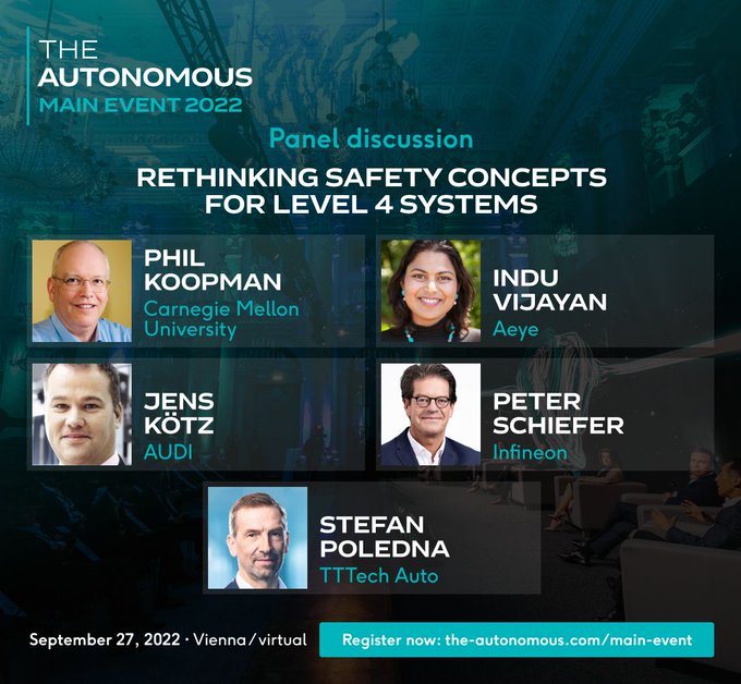 LandisComm's tweet image. Join (client) @AEyeInc on September 27, in Vienna or virtually for #TheAutonomousMainEvent! AEye&apos;s Director of Product Management, Automotive, Indu Vijayan, will speak on the panel, &quot;Rethinking Safety Concepts for Level 4 Systems&quot;. Learn more &amp;amp; register: the-autonomous.com/main-event/