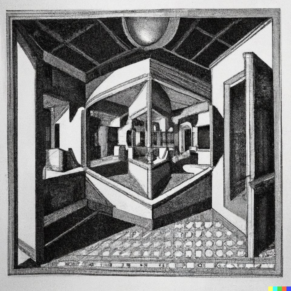 jay_ai_builder's tweet photo. A drawing by M.C. Escher showing a room that is inside itself by HappyNiceBoy #dalle2 #art https://t.co/ei5d821Wn0