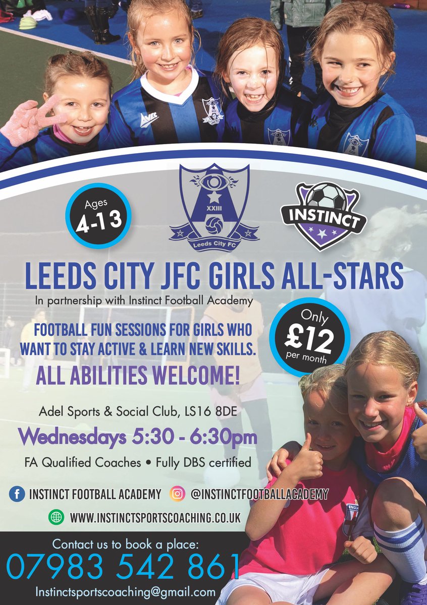 Is your daughter inspired by the England <a href="/Lionesses/">Lionesses</a>? Why not come and try our girls football sessions!⚽️ 

📍 Adel Sports &amp; Social Club 
⏰ 5:30-6:30pm 
👥 Ages 4-13
💜 All Abilities Welcome 

Get in touch to book your free trial session!