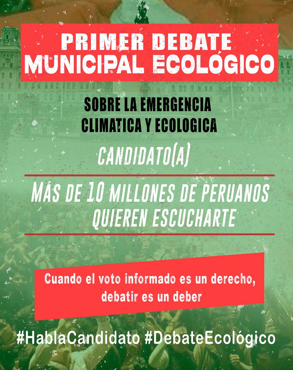 Se viene: PRIMER DEBATE MUNICIPAL ECOLÓGICO/ Lima 2022. Este viernes 9 de septiembre - 7pm en formato virtual. Cada candidato(a) podrá exponer a la ciudadanía de Lima Metropolitana su visión para la ciudad en el aspecto ambiental. A qué candidato quieres escuchar? #HablaCandidato