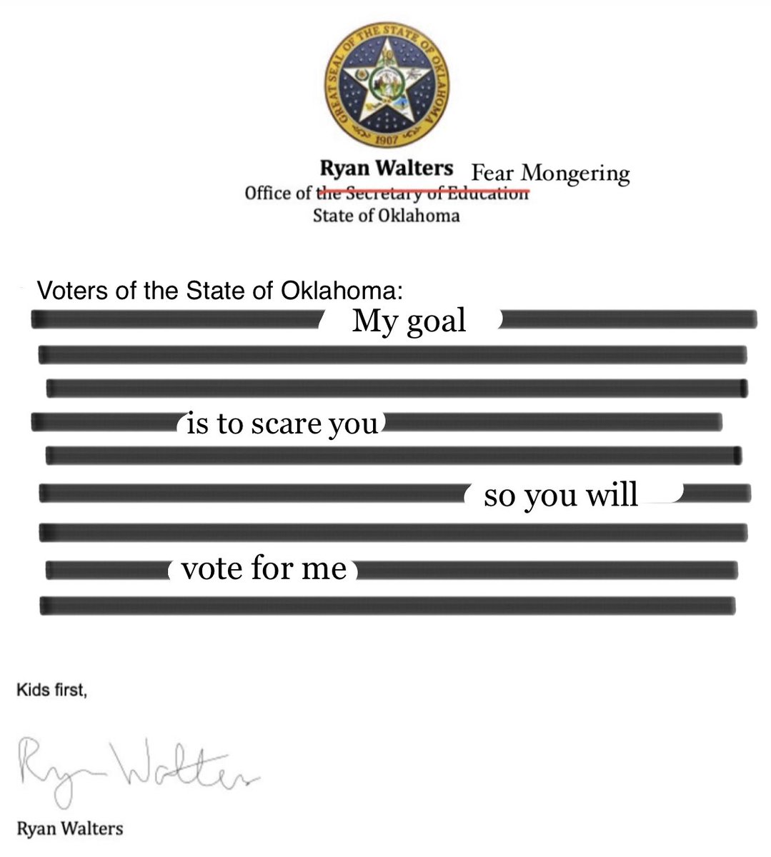 jacobrosecrants's tweet photo. Just read the most recent statement from ol Ryan Walters to the Governor’s State Board of Education regarding a teacher in Norman. It’s just more of the same ol fear mongering. Look past the words and you’ll see his true intent. 👀 ⬇️ 
Vote @joy4ok &amp; @Jena4OK in November y’all. https://t.co/jFn1zC9RZn
