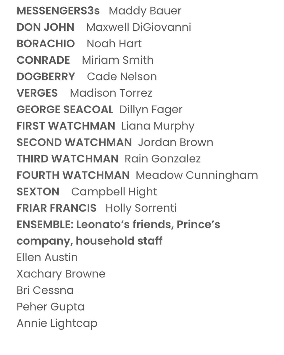 Cast list for our 1920s era Much Ado About Nothing! Amazing auditions - we can’t wait to see ALL of you again at the next round! #shakespeare