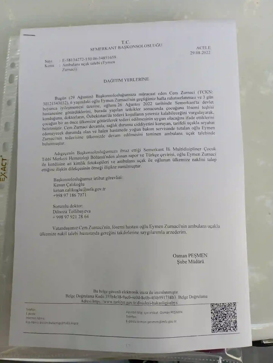 asli_safak's tweet photo. Sayın @drfahrettinkoca Eymen’in durumu ciddi. Çocuk ölüyor. 2 gün önce Semerkant Başkonsolosluğu’ndan ambulans uçak talebi geldi. Ama sizden yanıt gelmiyor. @losev1998 @ustunezer çocuğu getirmeniz durumunda hemen müdahale edebileceğini belirtiyor. Neyi bekliyoruz? https://t.co/gg4V7pJg2T