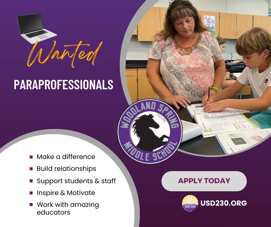 WSMSStallions's tweet photo. If you are looking for a position that is meaningful, has great hours, good benefits and provides you with good work/life balance at an amazing school, being a paraprofessional at WSMS might just be the job for you! #StallionsForward #Learn230 #WhySpringHill https://t.co/JGB7AvFx7N