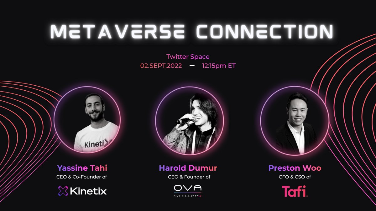 How the leading brands building the #metaverse make accessibility, personalization, and immersion possible for all 🚀 Catch <a href="/yassine_tahi/">Yassine Tahi</a> (CEO of @Kinetix_studio), <a href="/preston_woo/">Preston Woo</a> (CFO/CSO of <a href="/maketafi/">Tafi</a>), and our very own <a href="/harolddumur/">Harold Dumur (StellarX.eth)</a> (CEO of <a href="/ova_xr/">OVA</a>) at our Twitter Space! ✨ #VR #3D