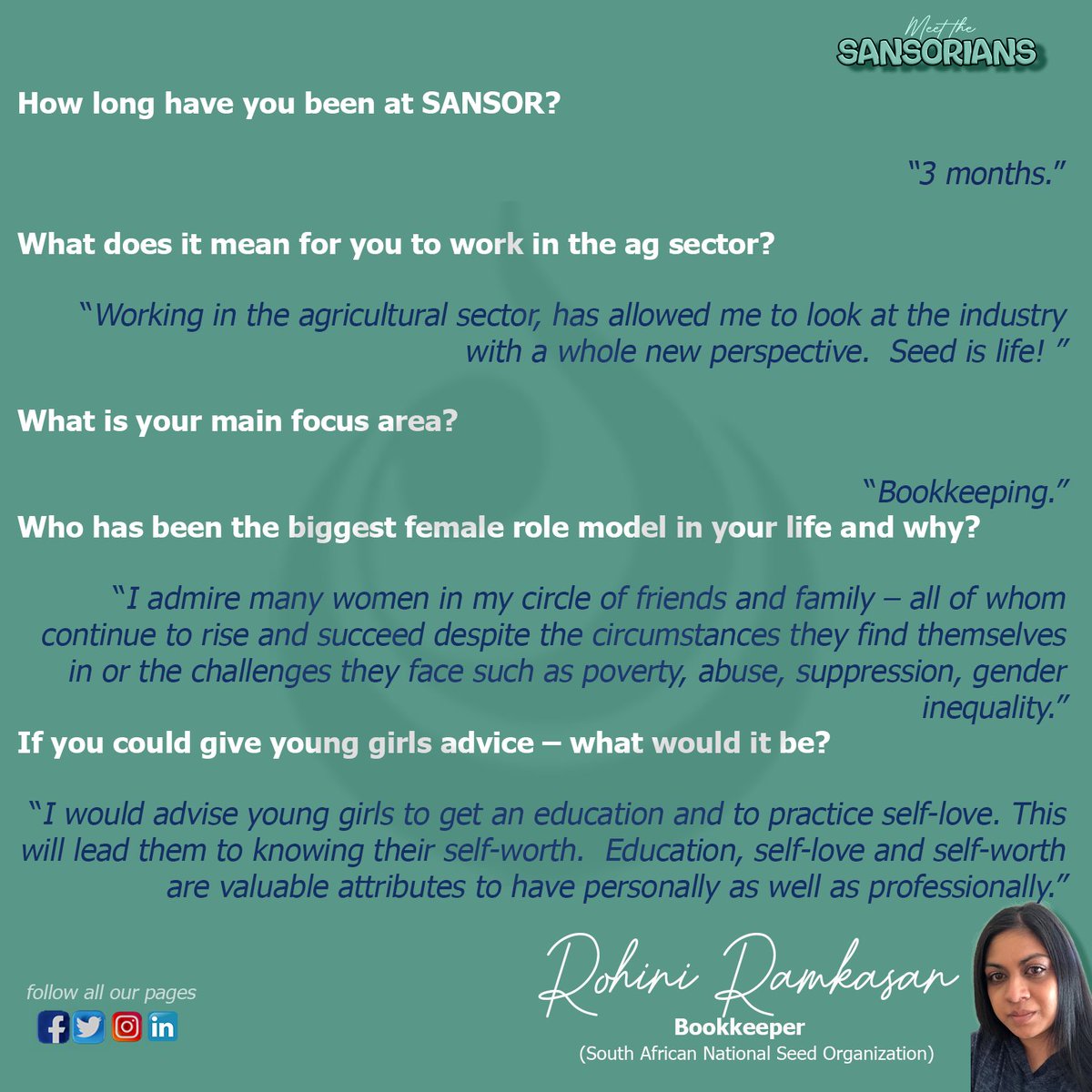 SeedSANSOR's tweet image. Today on MEET THE SANSORians.

You get to meet our Bookkeeper, Rohini Ramkasan.
 
👇👇 View post to read more👇👇   

#SANSOR #women #9thAug #womanday #womeninpower #womensday #womeninpower #meetthesansorian #WomensMonth