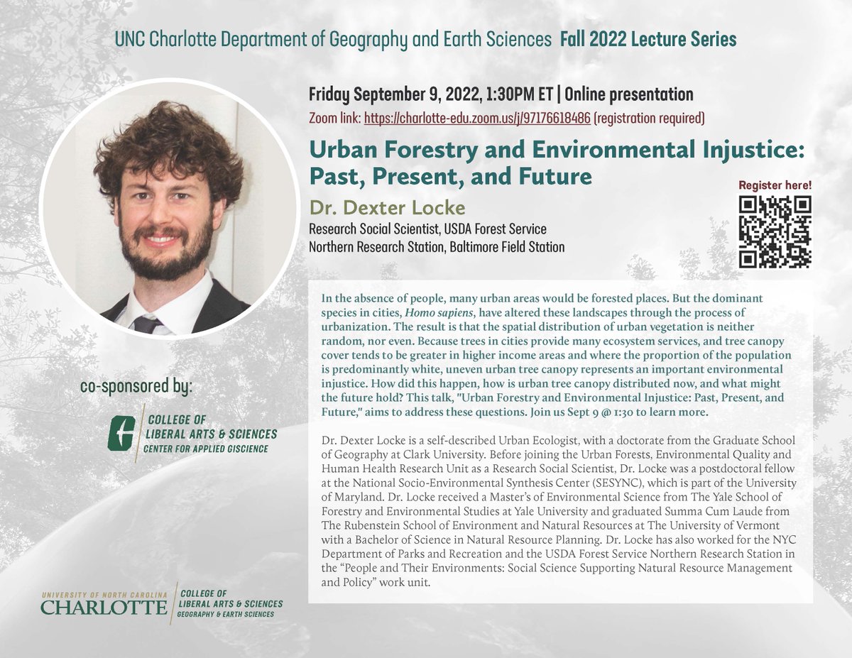 cagisuncc's tweet photo. CAGIS is pleased to co-sponsor Dr. Dexter Locke on September 9th at 1:30. Pre-register to hear @DextraordinaryH talk about the Past, Present and Future of Urban Forestry and Environmental Injustice https://t.co/AEcquuS1iI
