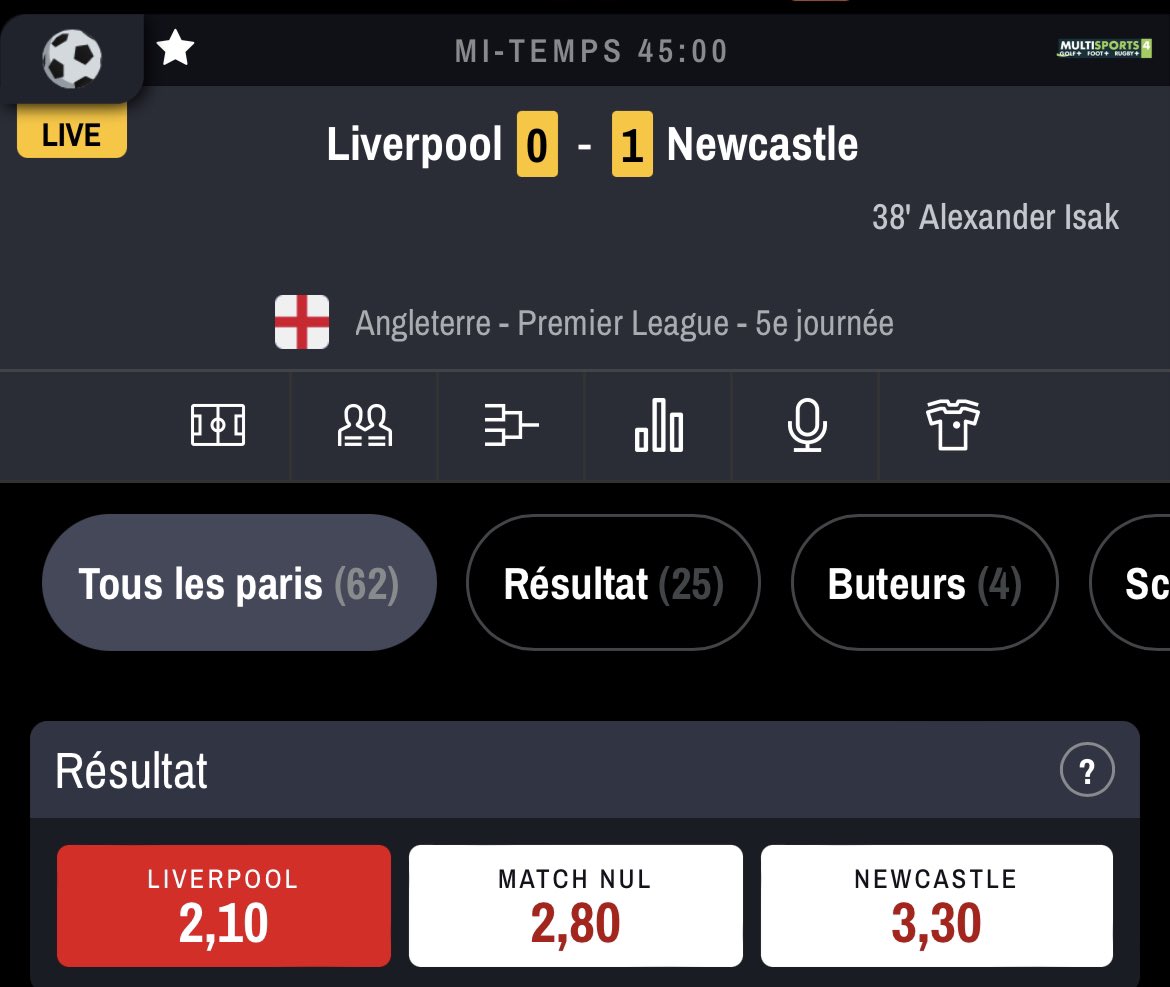 FlyBettinglive's tweet image. 🚨Alert BET !!

Liverpool est menée 1-0 au terme d’une 1ère mi-temps largement dominée!

Victoire de Liverpool à 2,10 actuellement.

Prise de paris 3% 

#Teamparieur #Teamparieurs