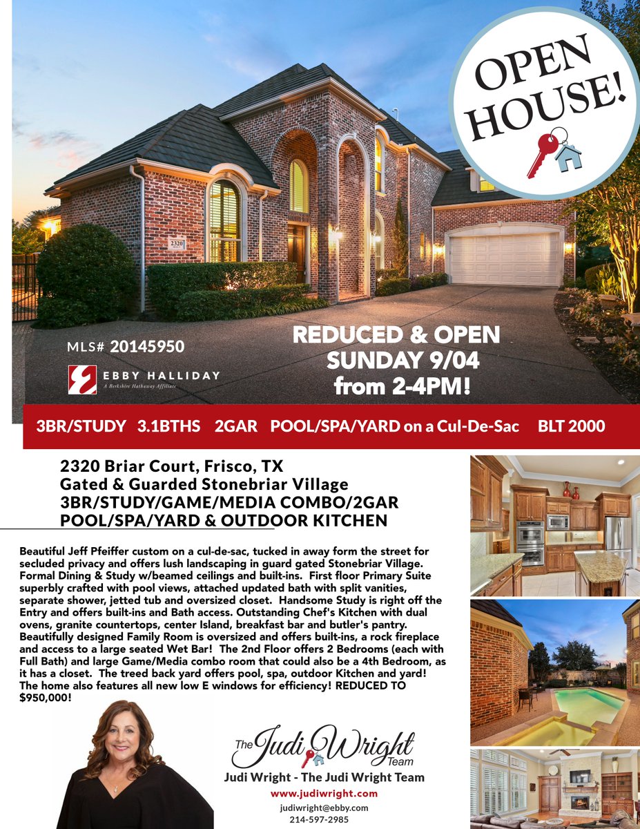 #REDUCED & #OPENSUNDAY - Come check out this great home in gated/guarded Stonebriar Village. Now listed for $950K.  Open Sun 2-4PM!

#openhouse #openhouses #openhousesunday #friscoopenhouses #stonebriarhomes #wesellstonebriar #thejudiwrightteam #makethewrightchoice