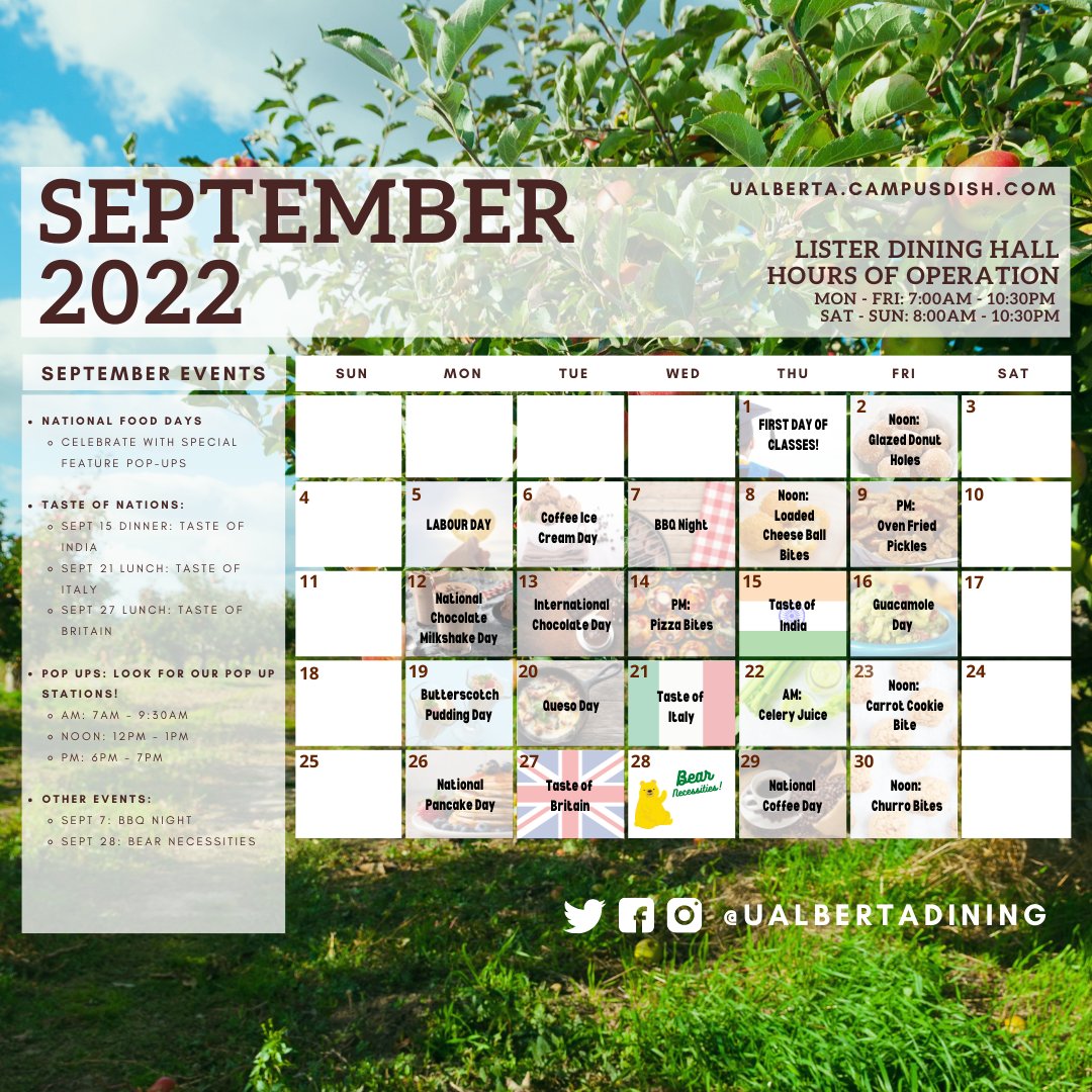 UAlbertaDining's tweet photo. Welcome Back! 👋 Here's what is happening at our dining halls this month. We are so excited to see everyone! #ualberta #ualbertadining #ualbertaresidence https://t.co/HjGI1CU0FL