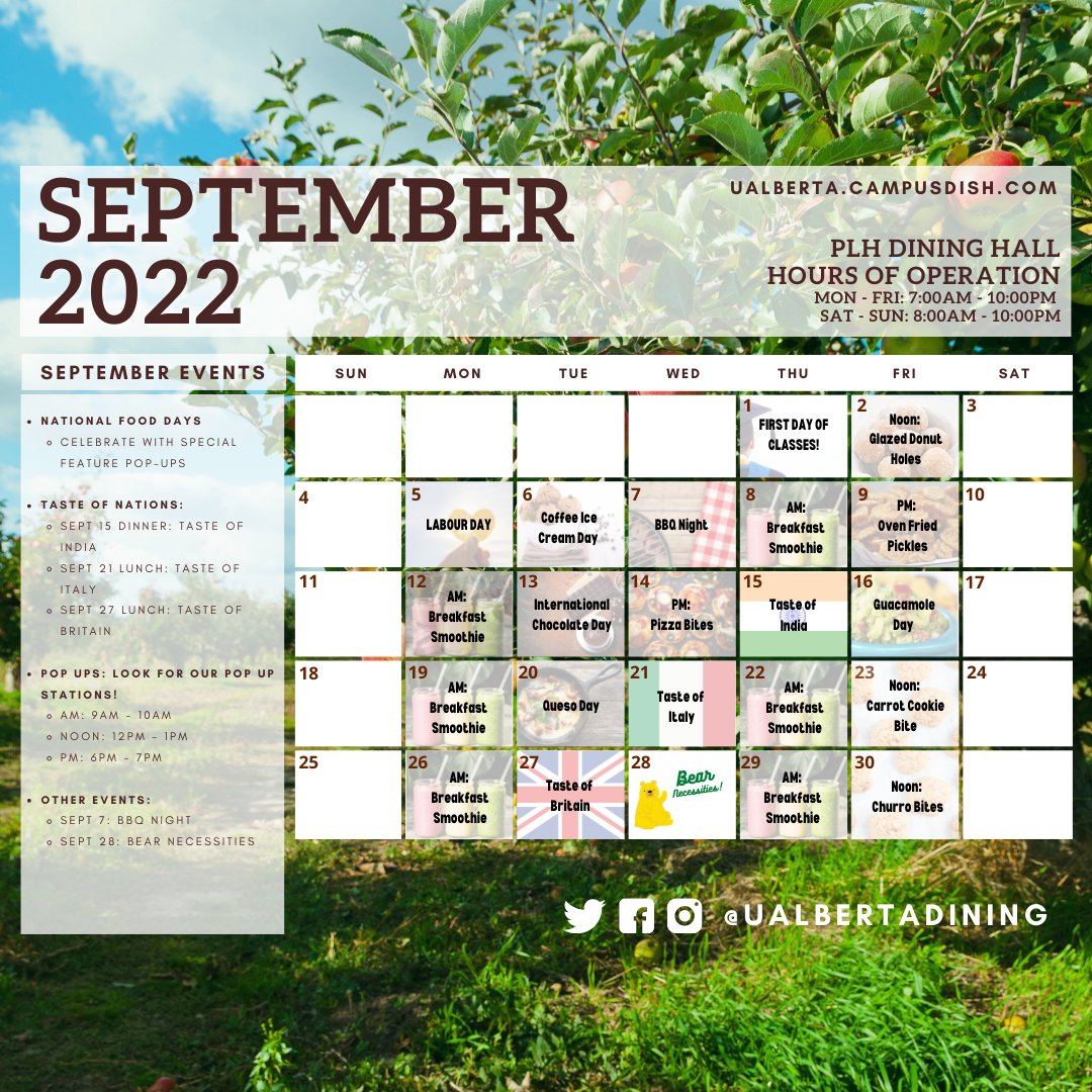 UAlbertaDining's tweet photo. Welcome Back! 👋 Here's what is happening at our dining halls this month. We are so excited to see everyone! #ualberta #ualbertadining #ualbertaresidence https://t.co/HjGI1CU0FL