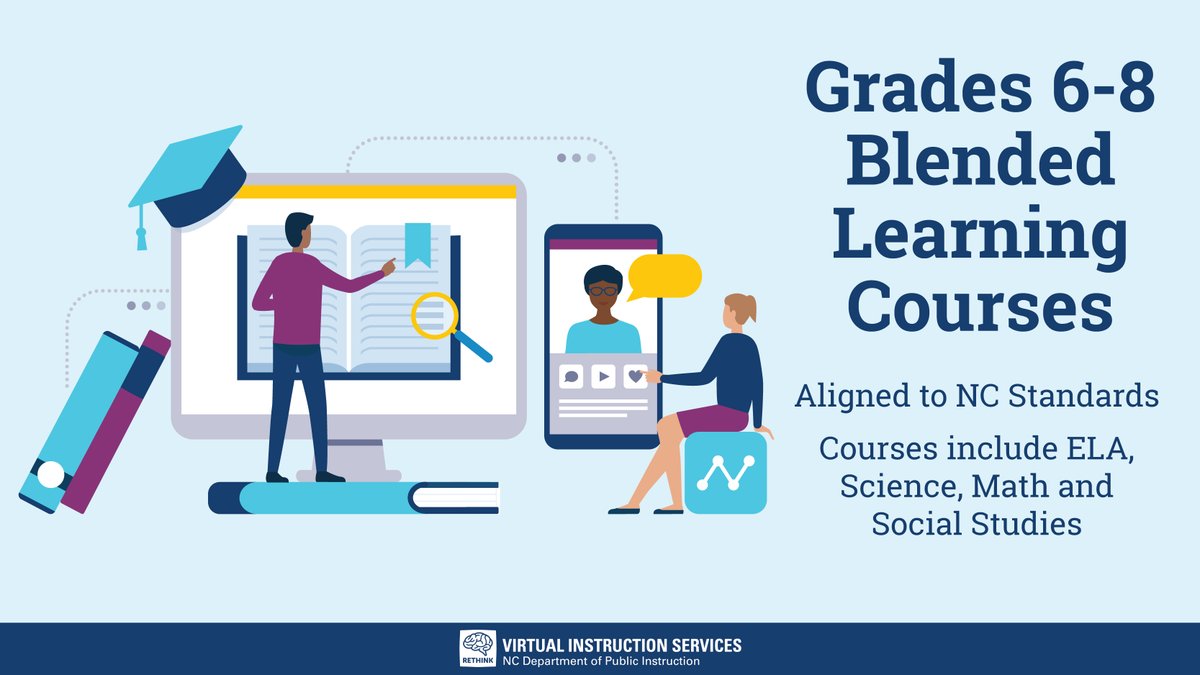 NCRethinkEd's tweet photo. This summer we created 10 NEW #blendedlearning course packages for grades 6-8, all aligned to NC standards. They include parent and teacher guides, homework assignments and class activities. Available on Canvas Commons & #GoOpenNC. #MiddleSchool https://t.co/bUA9soOXl7 https://t.co/ofJDvnzCWN