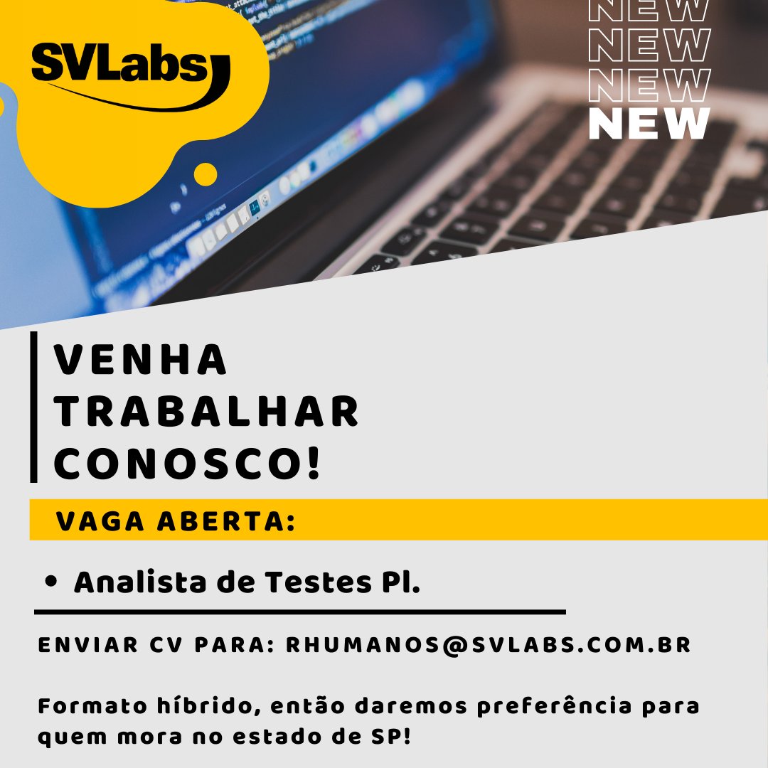 Superior em TI completo; Desejável conhecimento em frameworks e metodologias de teste; 
Exp. sistemas bancários será diferencial;
CV para rhumanos@svlabs.com.br

#oportunidade #vaga #QA #cv #testedesoftware #testes #automação #ti #homeoffice