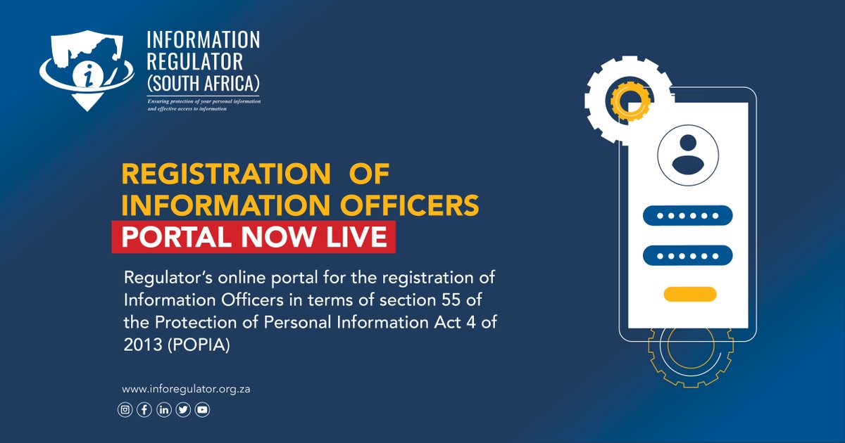 In accordance with Section 55(2) of POPIA, the Information Officers (IOs) and Deputy Information Officers (DIOs) are obliged to register with the Regulator prior to commencing their responsibilities. Registrations can now be done online. Register here👇
ow.ly/8t6Z50KxcaG