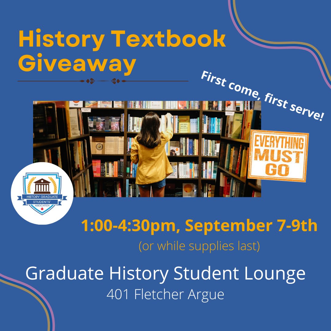 umhgsa's tweet photo. Attention History Graduate Students:

Looking to expand your personal library? Need that perfect book to complete your research? Come pick up a book or five from the Graduate History Student Lounge from 1-4:30pm, September 7-9th (or until supplies last). https://t.co/I6nYnh0WFx