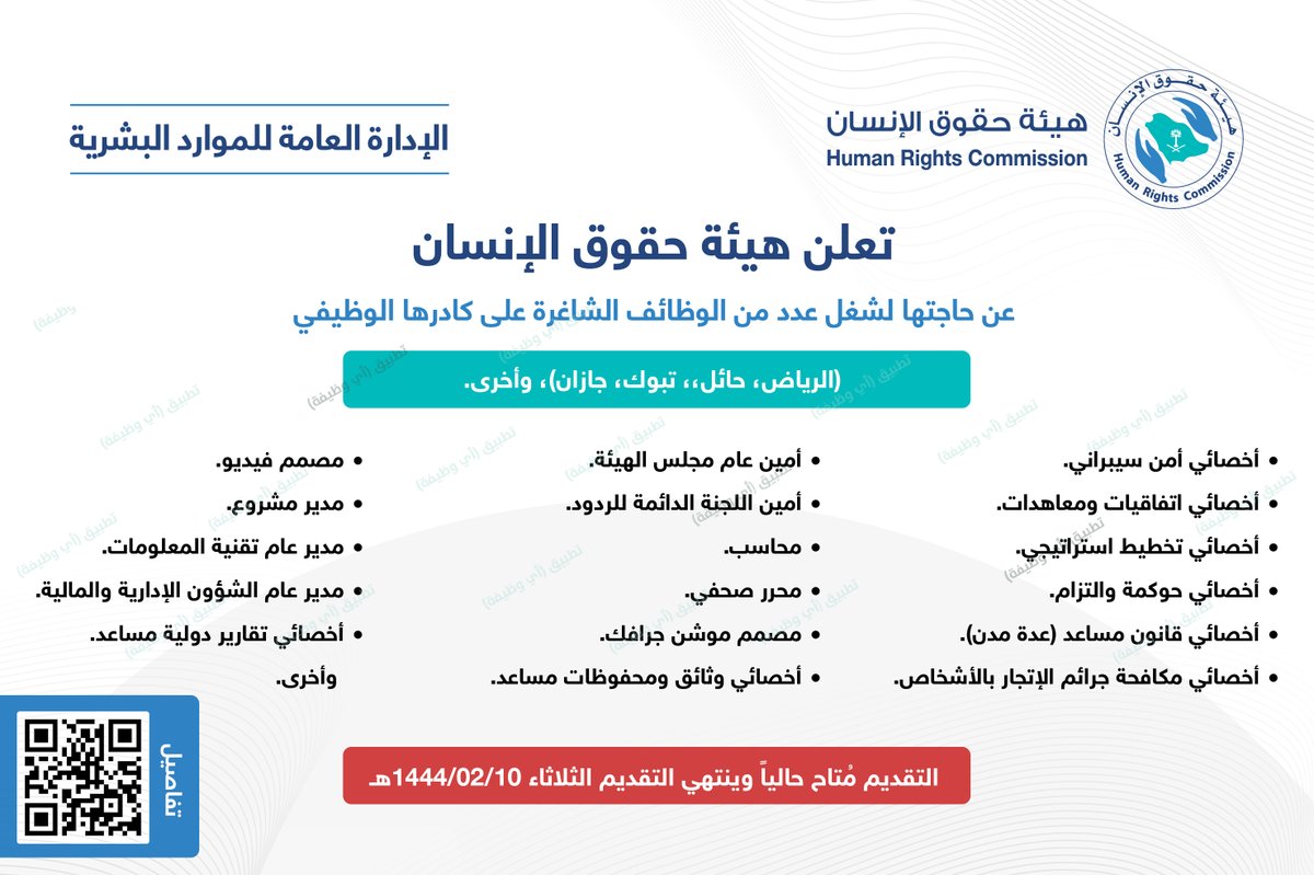 ewdifh's tweet image. (🔴) عاجل | أكثر من ٢٠ وظيفة (هيئة حكومية):

هيئة حقوق الإنسان تعلن فتح باب التوظيف للجنسين (أكثر من ٢٠ وظيفة) بعدة مناطق بالمملكة (الرياض، حائل، تبوك، جازان) وأخرى بعدة مجالات.

⭐️ (إدارية، قانونية، تقنية، إعلامية، مالية) وأخرى.

رابط ewdifh.com/jobs/72701
#وظائف #وظائف_نسائية