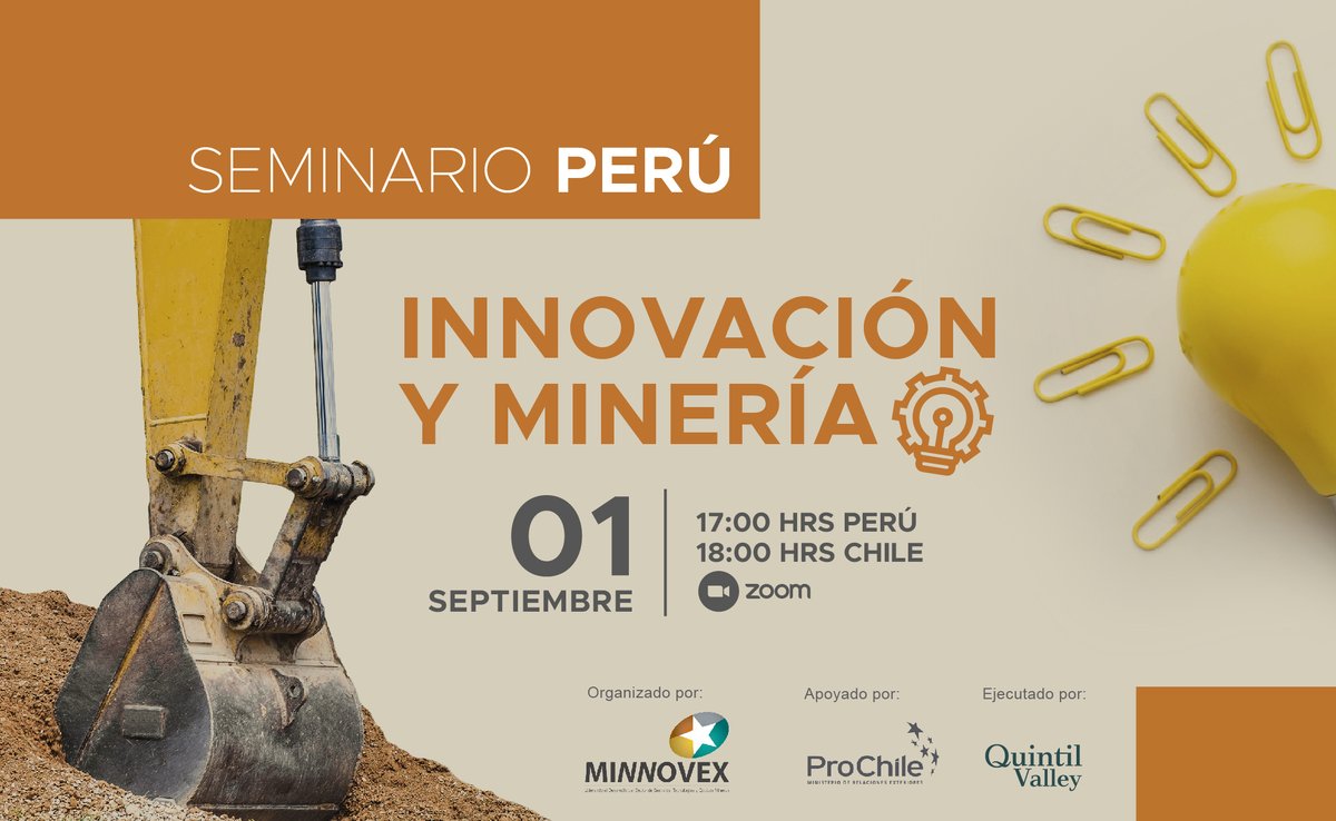 📣🇵🇪 Participa del encuentro “Seminario Innovación y Minería” con foco en el mercado de Perú. 🗓️Mañana jueves 01 de septiembre a las 17:00 horas Perú / 18:00 horas Chile.
📍Inscríbete aquí hubs.la/Q01lj4SS0

#innovación #minería #proveedores #Minnovex