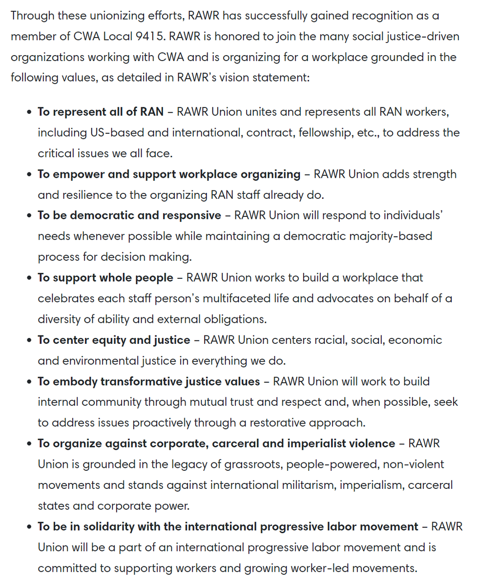 RAWR_Union's tweet photo. Workers at @RAN have unionized! We're thrilled to announce that Rainforest Action Network Alliance for Workers Rights (RAWR) has received voluntary recognition from RAN leadership! We'll be committed to building a just, sustainable, &amp; equitable workplace. https://t.co/thnYCdTQ2Q https://t.co/LnriNCZcLU