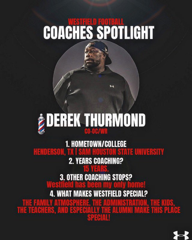 fb_westfield's tweet photo. 🏈 Coaches Spotlight💡
Let’s get to know the owner of the barbershop!! @CoachDThurm coaches the WR and is the JV Head Coach! Give him a follow if you haven’t already for your #FadeEmUpFriday updates! https://t.co/ZkcQWwcTL7