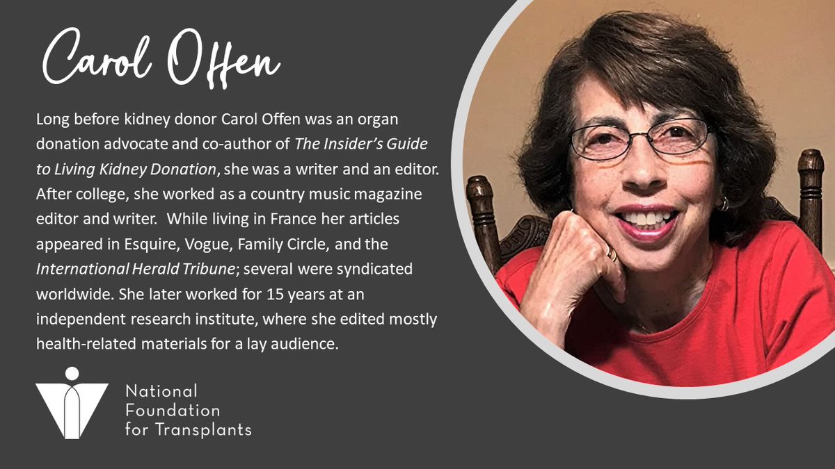 ForTransplants's tweet photo. .@CarolOffen teams w/NFT as a guest blog contributor to promote the benefit of living organ &amp; tissue donation.

Offen is a donation advocate for @NKF, @UNOSNews  Ambassador, &amp; co-author of The Insider’s Guide to Living Kidney Donation. Read her full bio @ https://t.co/10SGMDLabq https://t.co/tRepmrCC2r