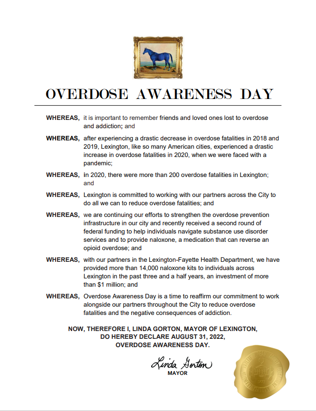 MayorGorton's tweet photo. It's Overdose Awareness Day, dedicated to memory of friends &amp; loved ones lost to overdose &amp; addiction. We reaffirm our commitment to reduce overdose fatalities. With our partners, we've provided more than 14,000 naloxone kits to individuals across Lexington in the past 3 ½ years. https://t.co/mwgVBuP8Fe