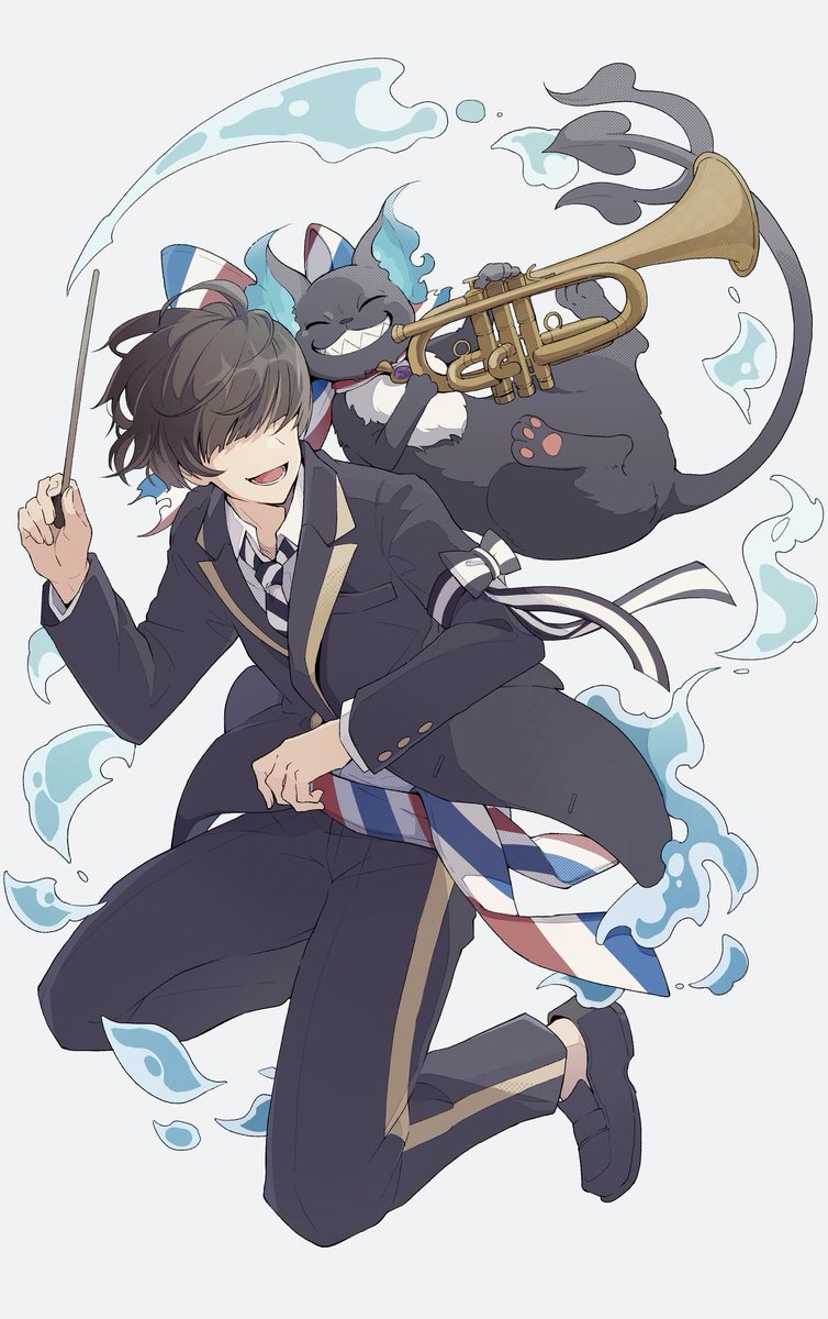 1boy cat male focus instrument necktie school uniform blue fire  illustration images